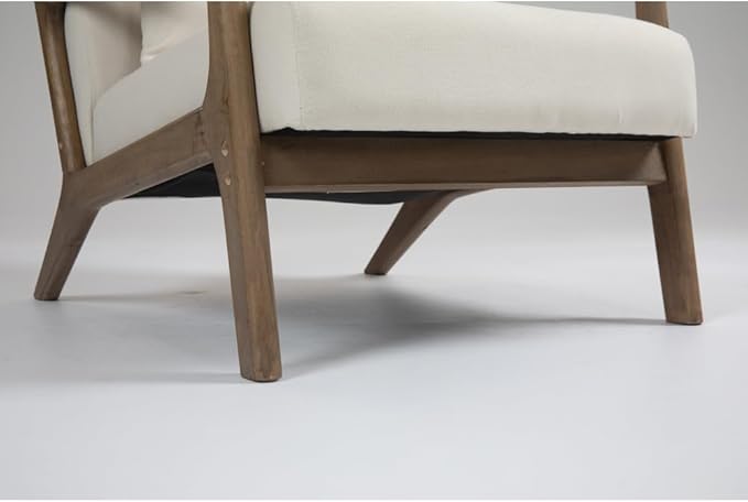 Mid Century Modern Accent Chair with Wood Frame Upholstered Living Room Chairs with Waist Cushion Reading Armchair for Bedroom Sunroom (White + Velvet + Cotton)