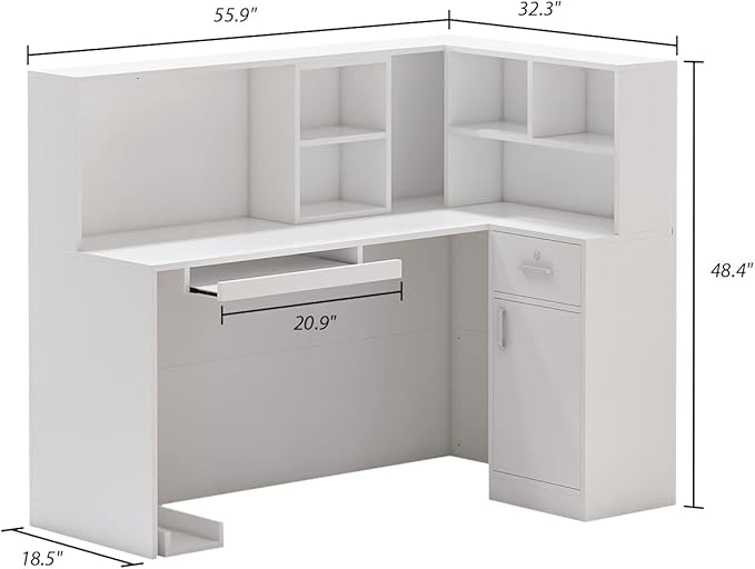 Homsee Reception Desk L-Shaped Office Desk with Counter 1 Door Storage Cabinet 1 Lockable Drawer Hutch Shelf &amp Keyboard Tray White