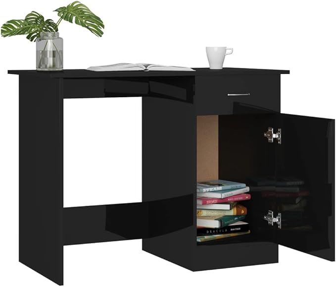 vidaXL High Gloss Black Desk in Engineered Wood - Modern Design with Drawer and Door Ideal for Office/Study/Dormitory/Hallway - Easy to Clean Surface (39.4 x 19.7 x 29.9)