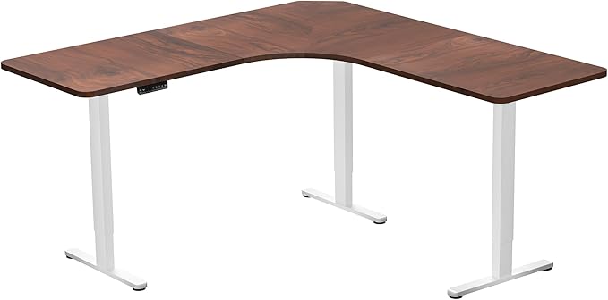 VIVO Electric Height Adjustable 71 x 71 inch Curved Corner Stand Up Desk Dark Walnut Table Top White Frame Memory Controller L-Shaped Workstation E3C Series DESK-KIT-E3CWD