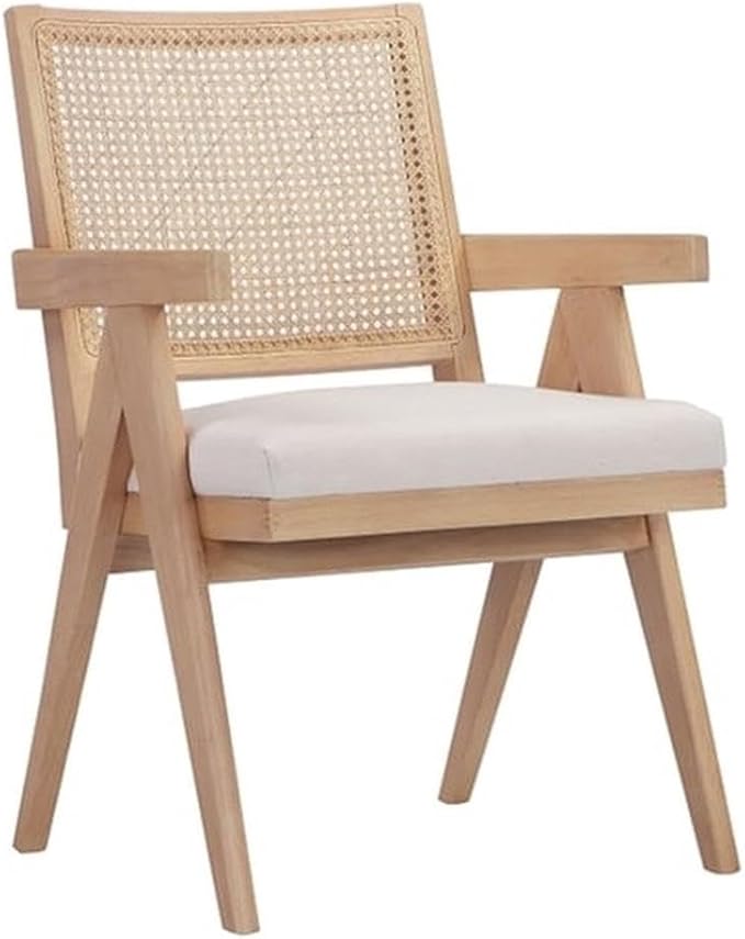 Pemberly Row Contemporary Arm Chair Bone Polyester Blend Fabric Wooden Frame Cane Chair Design Fully Assembled Modern Accent Chair for Living Room or Bedroom Use