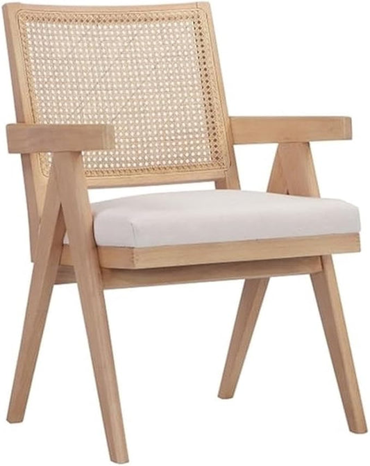 Pemberly Row Contemporary Arm Chair Bone Polyester Blend Fabric Wooden Frame Cane Chair Design Fully Assembled Modern Accent Chair for Living Room or Bedroom Use