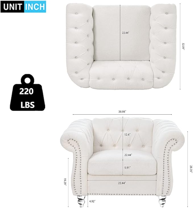 Modern Chesterfield Armchair Fabric Rolled Arm Tufted Back Accent Chairs Upholstery Nailhead Trim for Living Room Office (White)