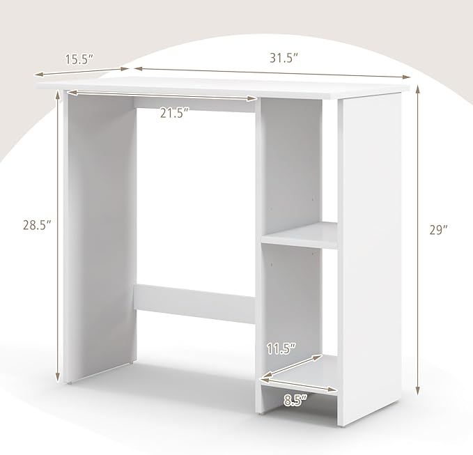 COSTWAY 31.5” Space Saving White Writing Desk Modern Home Office Computer Workstation with Adjustable Shelf Compact PC Table with Storage for Small Spaces/Bedroom/Dorm Rooms