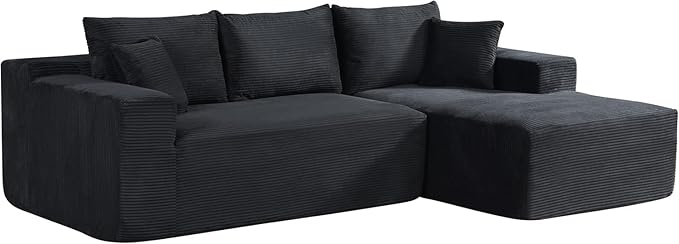 Ridge 2-Piece Convertible Corduroy L-Shaped Sofa in a Box with Pillows 3-Seater Modular Sectional Couch Compressed Living Room Furniture Black (Right Facing)