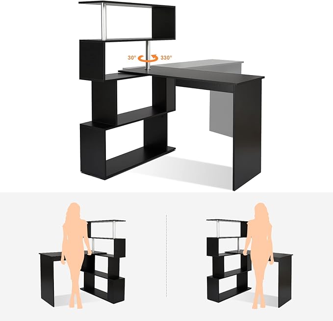 41.7 L Shaped Desk with 4-Tier Storage Shelves Computer Corner Desk for Study Home Office Living Room (Black)
