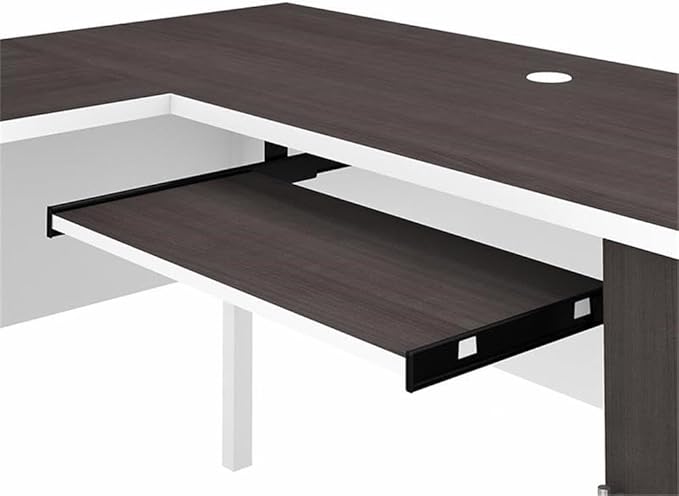 Pemberly Row 60W L Shaped Desk with Hutch White and Storm Gray Finish Engineered Wood Keyboard Tray Storage Cabinet File Drawer Adjustable Shelf Home Office Furniture