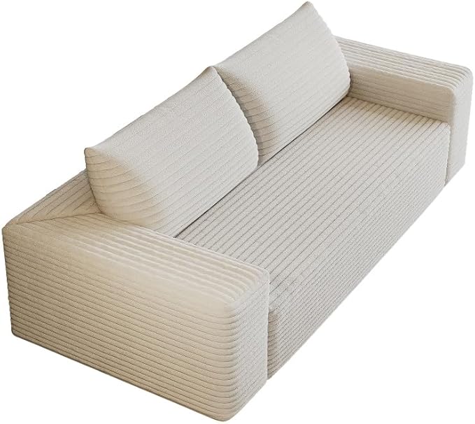 71 Cloud Compressed Sofa Corduroy Fabric Loveseat Deep 3 Seat Boneless Couch No Assembly for Living Room Bedroom Conference Room Apartment (White-71)