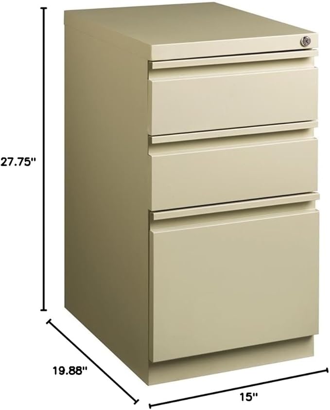 BOWERY HILL Mobile Pedestal Filing Cabinet 20 Deep Steel Construction Putty/Beige Finish 3-Drawer Box/Box/File Configuration Lockable Hidden Casters Letter-Size Hanging File Storage