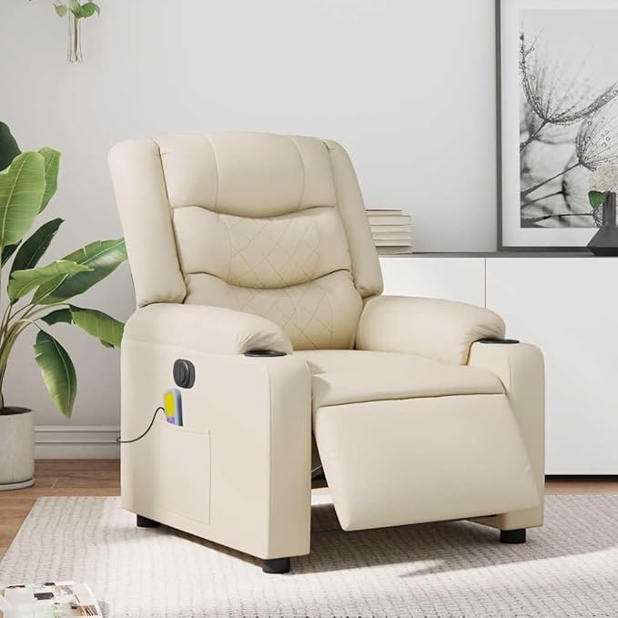 vidaXL Electric Massage Recliner Chair - Cream Wingback Armchair Faux Leather with Recline &amp Vibration Features for Living Room