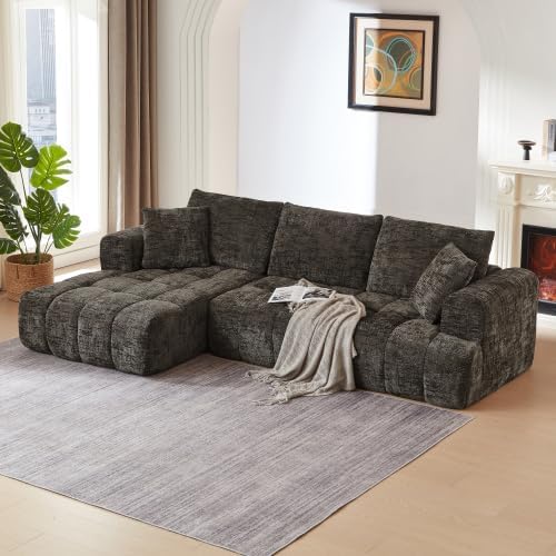 Luxury 108 L Shape Boneless Couches for Living Room Chenille Modular Sectional Cloud Sofa Couch W/Deep Seat &amp Pillows Memory Foam Couch W/Oversized Chaise (Brown Left Facing Chaise)