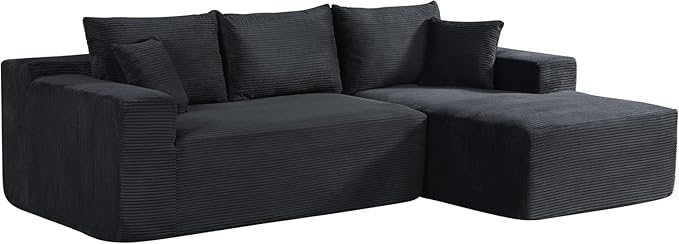Ridge 2-Piece Convertible Corduroy L-Shaped Sofa in a Box with Pillows 3-Seater Modular Sectional Couch Compressed Living Room Furniture Black (Right Facing)