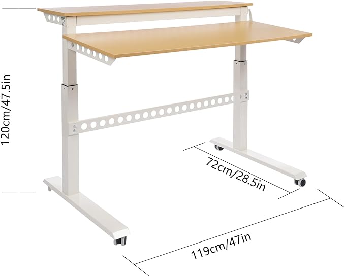 2-Tier Standing Desk with WheelsHeight Adjustable Standing Desk with Monitor StandMobile Computer Workstation for Home Office