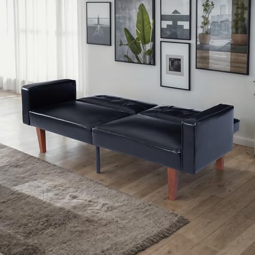Adjustable Backrest Convertable Sofa Modern PU Leather 2-Seat Futon Sofa Convertible Faux Leather Sleeper Couch with Armrests Couch for Living Room Home Office Spaces Black