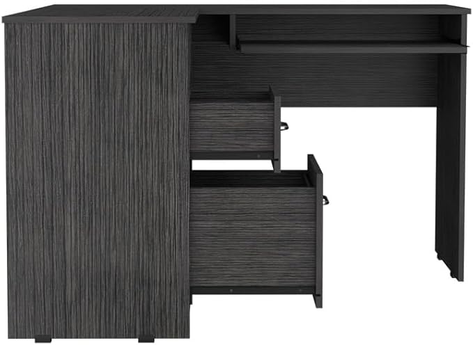 L-Shaped Corner Desk with Keyboard Shelf Smokey Oak Gray - Compact Home Office Workspace