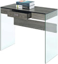 Pemberly Row Contemporary Glass Desk 36 x 15.75 x 30 in Gray Wood Finish Modern Style with Tempered Glass Panels Particle Board and Melamine Construction Compact Home Office or Study Writing Desk