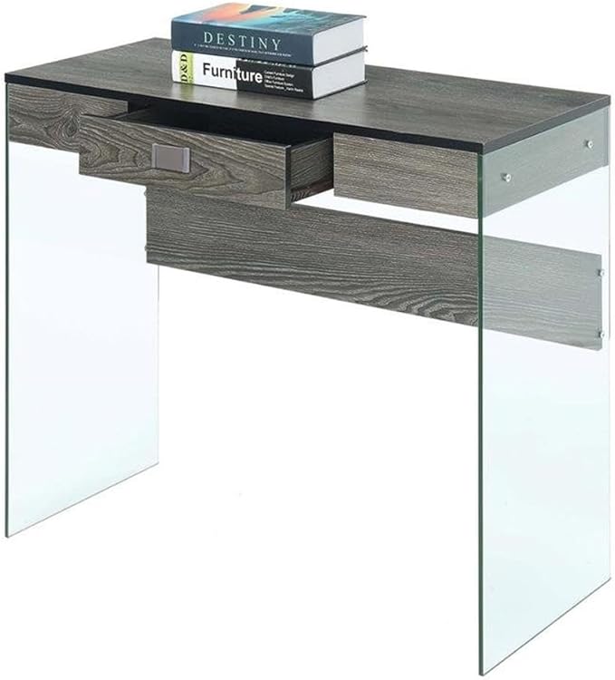 Pemberly Row Contemporary Glass Desk 36 x 15.75 x 30 in Gray Wood Finish Modern Style with Tempered Glass Panels Particle Board and Melamine Construction Compact Home Office or Study Writing Desk