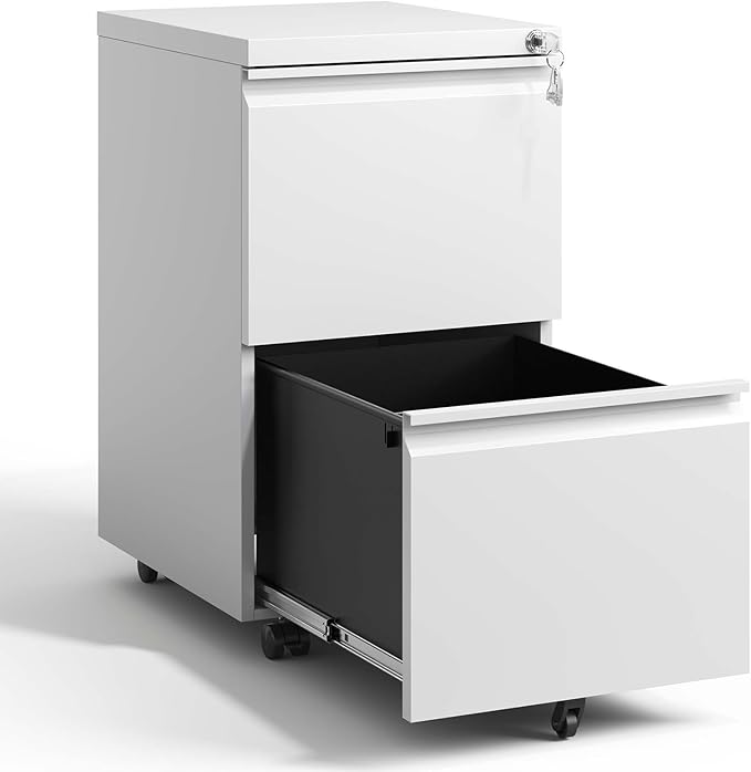 Rolling File Cabinet with Lock 2-Drawer Metal Mobile Filing Cabinet with Wheels for Store Documents Information Personal Belongings Fully Assembled Except Wheels White