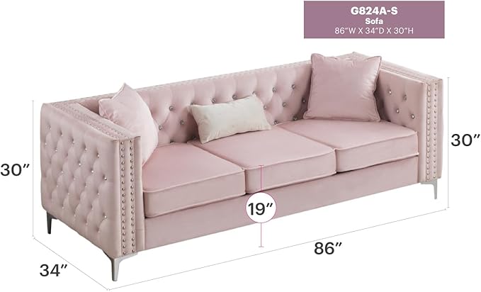 Glory Furniture Paige Velvet Sofa in Pink