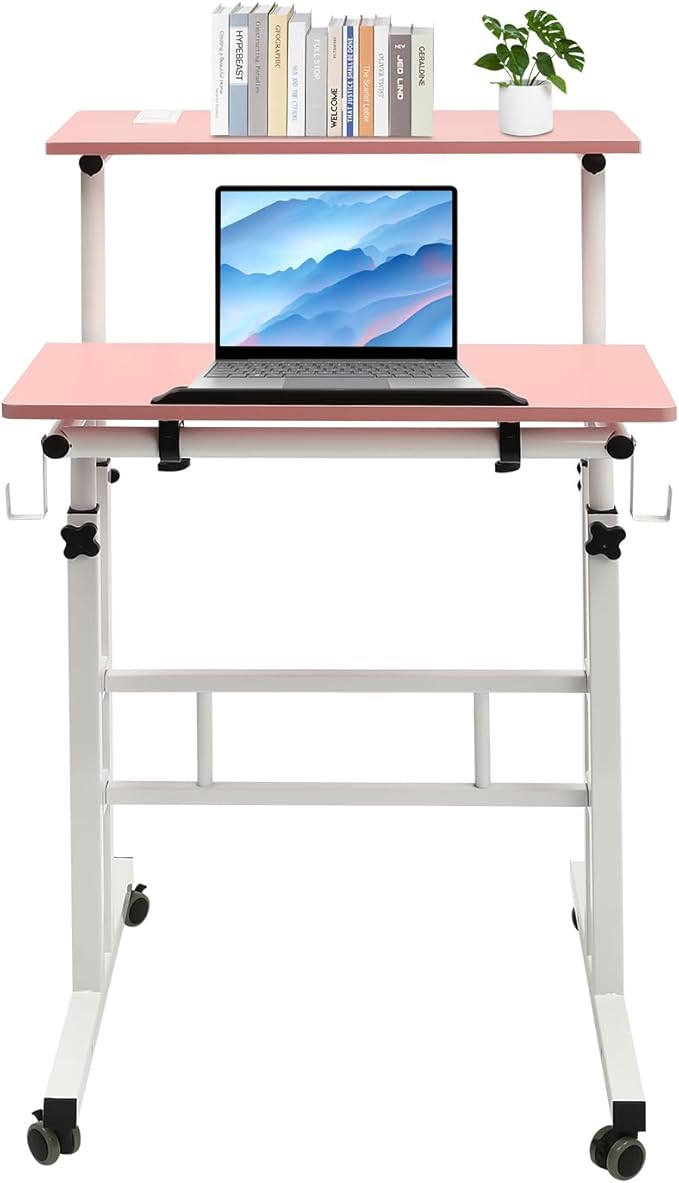 Small Standing Desk Mobile Stand Up Desk With Usb Interfaces&ampSocket Small Adjustable Standing Desk With Wheels&ampHooks Home Workstation For Offices Home Office Areas Student Dormitories (P