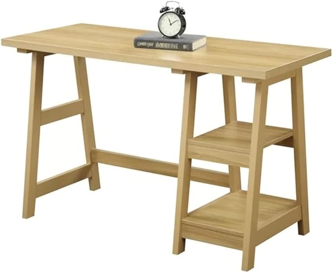 Farmhouse Style Rising Desk Home Office | 2 Open Side Shelves for Extra Storage Wide Top Surface Laddered Legs Reversible | Student Laptop Accessories Solid Wood Manufactured | Light Oak Color