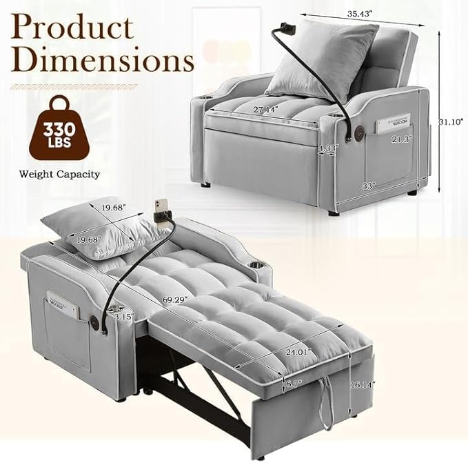 3-in-1 Convertible Sleeper Sofa Bed Chair with Cup Holders &amp Phone Holder Futon Chair Bed with Pull Out Couch Adjustable Backrest Modern Velvet Chaise Lounge for Living Room Bedroom (Grey 35.43