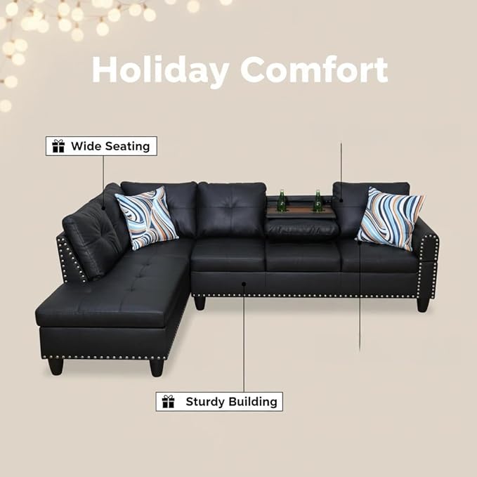 L-Shaped Sectional Sofa with Cup Holder Leather 4-Seat Couch with Chaise Lounge Modern Upholstered Living Room Furniture Black