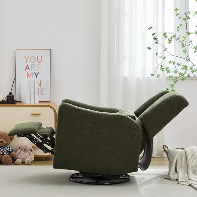 Polibi 29.5'' Wide Wingback Swivel Rocker Recliner Chair Rocking Chair with Head &amp Lumbar Support Modern Accent Chair for Living Room Seaweed Green + Teddy