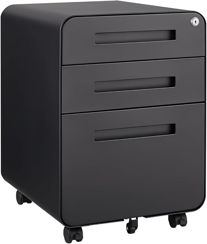 Office Pedestal File Cabinet: Lockable Compact Storage Solution for Home Office - Under Desk Cabinet with Removable Pencil Tray Hanging Bar and 5 Utility Wheels (Black)
