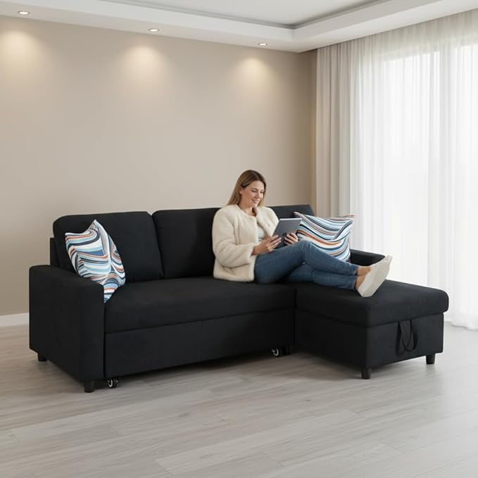 Sectional Sleeper Sofa with Pull Out Bed L Shaped Pull Out Couch with Storage Chaise 3 Seats Convertible Couch Bed for Apartment Living Room Black
