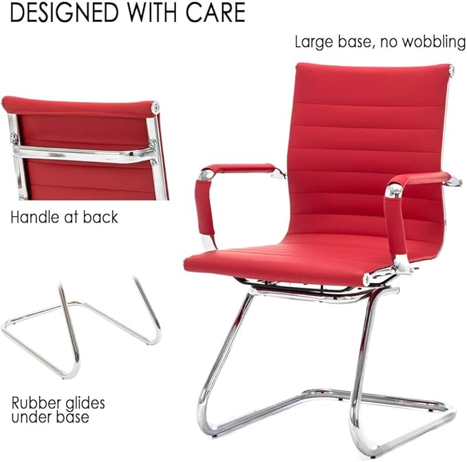 HNY Leather Office Guest Chairs &amp Reception Chairs Set of 4 Modern Waiting Room Chairs with Arms Desk Chair no Wheels with Sled Base for Waiting Room/Conference Room Burgundy