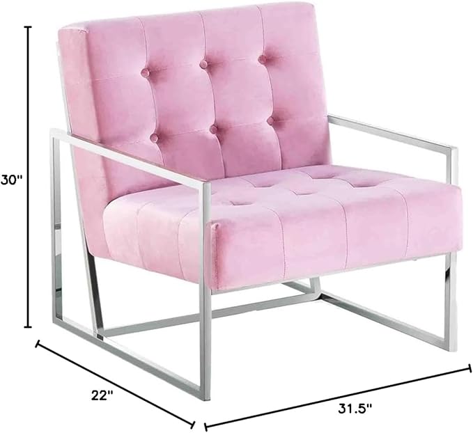 Pemberly Row Velvet Accent Chair 31.5 Wide Pink Upholstery Silver Plated Stainless Steel Frame Modern Design 30 Tall Comfortable Living Room or Bedroom Seating