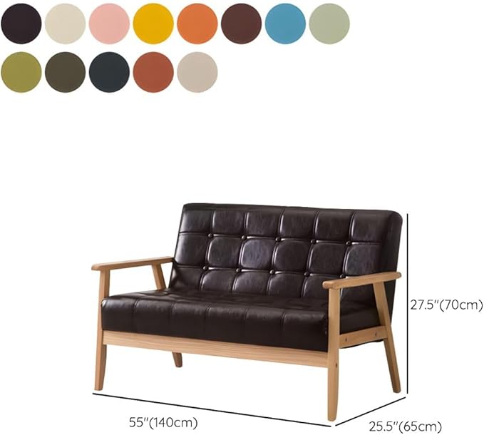 Modern Mid-Century Modern Faux Leather Loveseat Sofa with Tufted Back in Solid Color for Living Room Apartment and Small Space Red Oiled Leather 55 L x 25.5 W x 27.5 H Brown Wood Leg