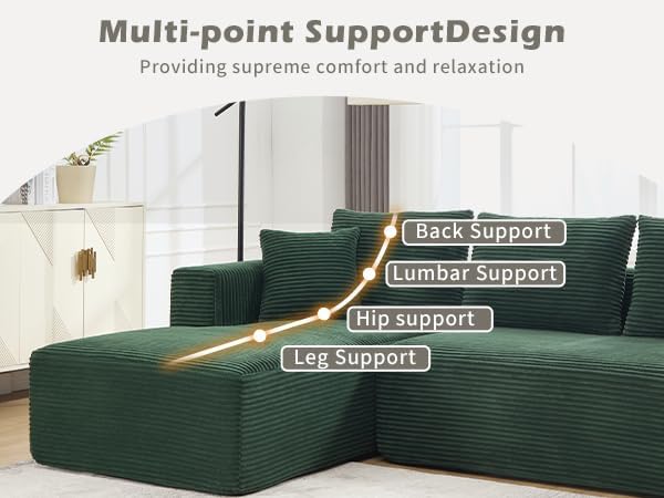 PELUMY 108.7 L-Shaped Cloud Couch with Memory Foam Corduroy Modular Sectional Sofa with Oversized Chaise No Assembly Required Sleeper Sofa for Living Room Apartment (Green Left-Facing)
