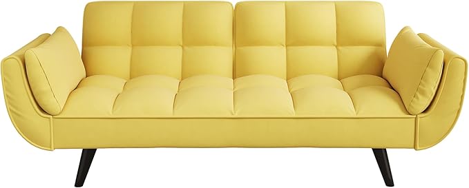 Olela Futon Sofa Bed Convertible Sleeper Couch 74 W Modern Velvet Loveseat with Adjustable Backrests and Solid Wood Legs for Living Room Bedroom Small Space (Yellow)