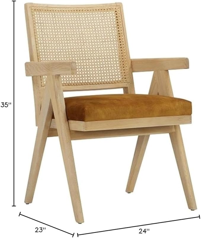 Pemberly Row Contemporary Arm Chair Velvet Gold Linen Blend Fabric Wood Frame Modern Cane Design Fully Assembled Accent Seating for Living Room or Bedroom Seat Height 19.5 Arm Height 25.5