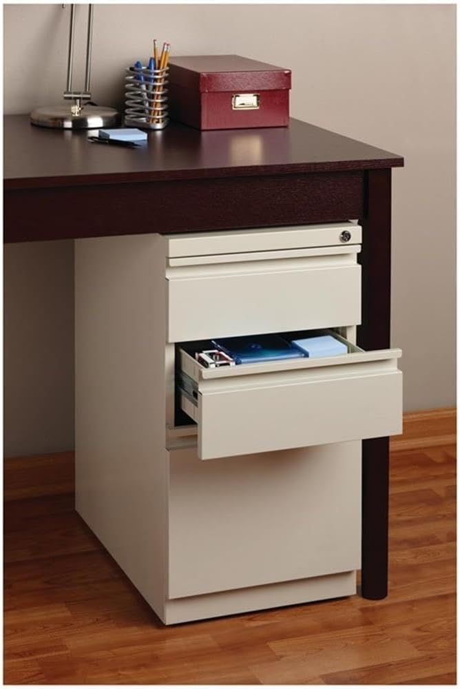 BOWERY HILL Mobile Pedestal Filing Cabinet 20 Deep Steel Construction Putty/Beige Finish 3-Drawer Box/Box/File Configuration Lockable Hidden Casters Letter-Size Hanging File Storage