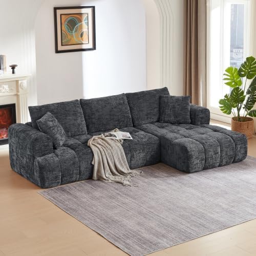 Luxury 108 Sofa with Oversized Chaise L-Shaped Chenille Modular Cloud Couch with Deep Seat &amp 2 Pillows Orange Boneless Couches for Living Room Apartments Homes (Grey Right Facing Chaise)