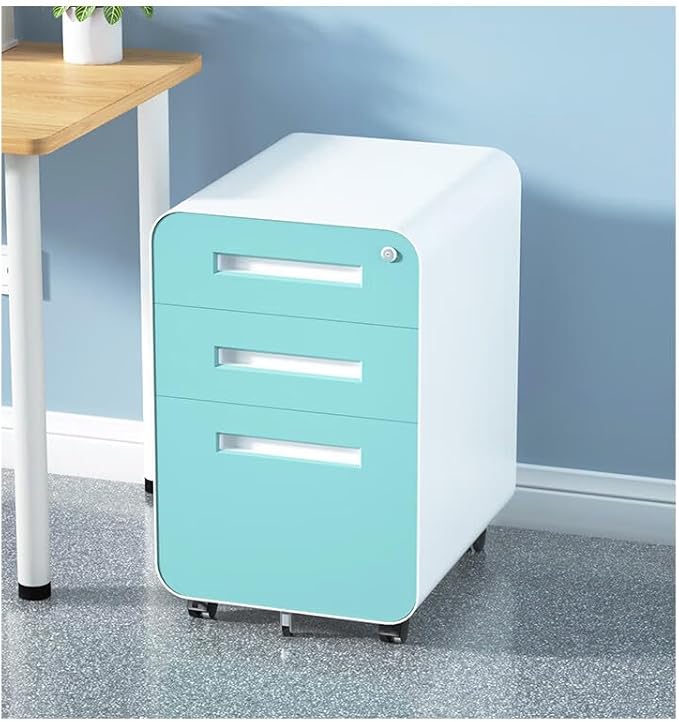 3 Drawer Mobile File Cabinet with Lock Under Desk Metal Filing Cabinet for Home Office Assembled Removable Under Desk Storage with Wheels for A4-Size/Letter-Size/Legal-Size (Light Blue)