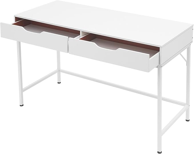 47in White Modern Desk with 2 Drawers Iron Frame 154lb Capacity Compact Writing Table for Home Office Study and Bedroom