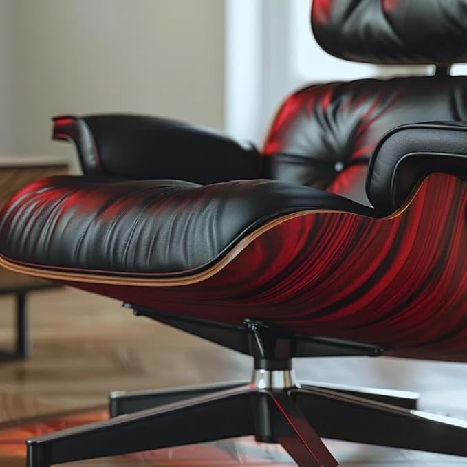 Top Black Grain Leather Mid Century Chaise Lounge Chair and Ottoman Modern Chair Classic Design Red Rosewood Heavy Duty Base Support for Living Room Office