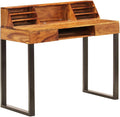 Solid Wood Writing Desk-39.4 Home Office Work Study PC Desk with Drawers and Hutch Wooden Writing Table for Living Room Study Room Brown