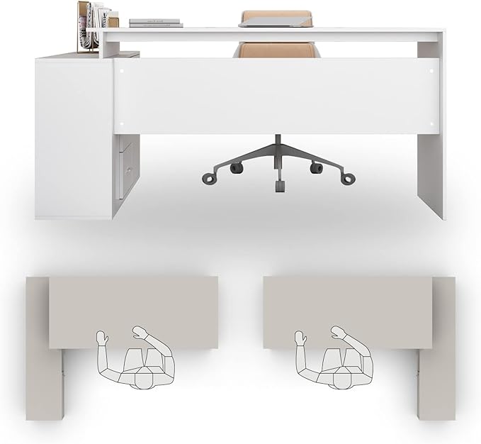 Home Office Computer Desk Corner 55-inch Writing Table White Modern Contemporary Traditional L-Shape MDF Matte Cabinet Drawers Shelves