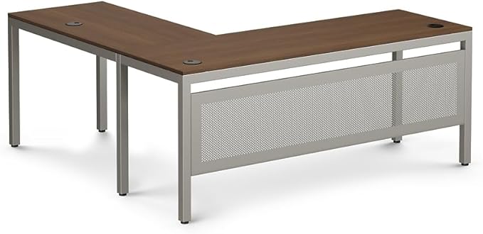 NBF Reversible L-Shaped Executive Office Desk - Durable Espresso Laminate Computer Desk with Steel Frame - At Work Modern Desk with 3 Grommet Holes - 60 W x 60 D W Office Work Desk (Tan)