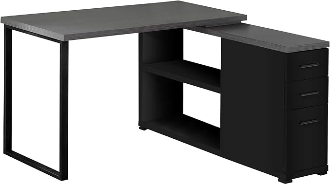 Computer Desk Home Office Corner Left Right Set up Storage Drawers L Shape Work Laptop Black and Grey Laminate Black Metal Contemporary Modern