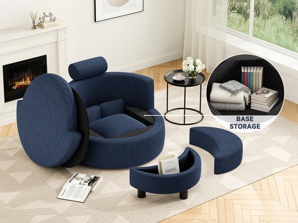 39.8” Swivel Accent Barrel Chair with Storage Oversized Round Chairs with Half Moon Ottoman Swivel Barrel Chaise Lounge Indoor with Neck Support Pillow Barrel Chairs for Living Room Dark Blue