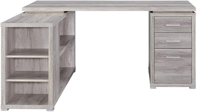 Pemberly Row L-Shaped Corner Storage Desk 60W x 47.25D x 29.5H Grey Driftwood Finish Engineered Wood 5 Shelves 3 Drawers Built-In File Cabinet for Letter/Legal Files Reversible Home Office