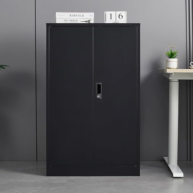 Metal Storage Cabinet with Lock 2-Door Folding File Cabinet with Adjustable Shelf 42 Heavy-Duty Storage Locker for Home Office School Garage (Black)