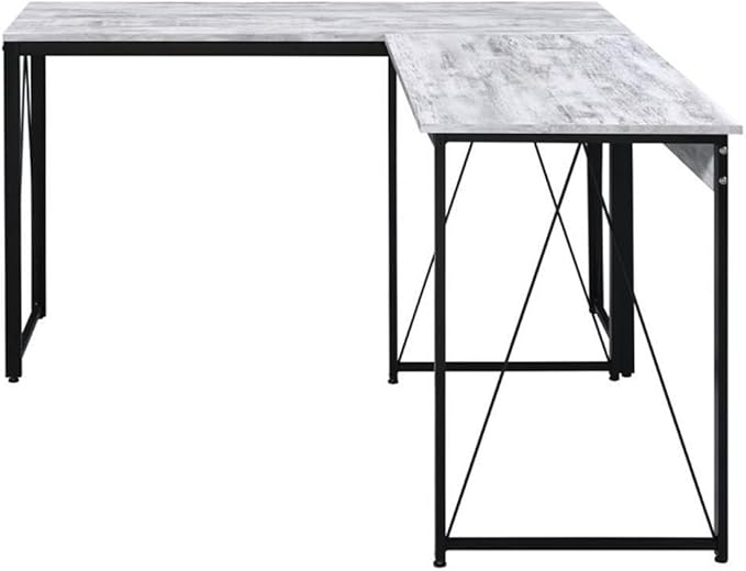 BOWERY HILL Wooden Writing Desk 35 W x 18 D x 28 H Antique White and Black Finish Rectangle Top with Metal Sled Base Rustic Industrial Style Home Office Workspace Furniture
