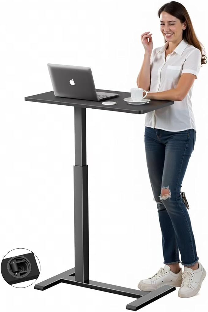 Mobile Overbed Standing Desk with WheelsRolling Desk Adjustable HeightPneumatic Laptop Side Table for CouchHomeOfficeSmall Sit Stand Computer Workstation CartBlack